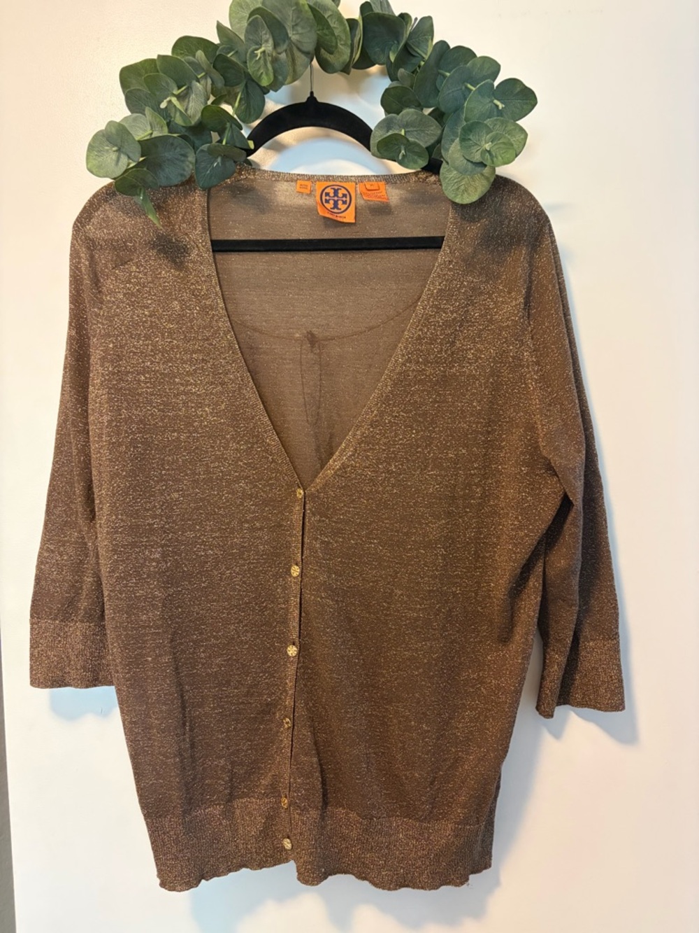 Tory Burch Metallic Brown Gold-Button Cardigan